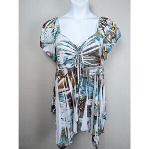 Vintage Evogues Babydoll Top 3XL Floral Shark Bite Hem Fairy Y2K Tropical Beach